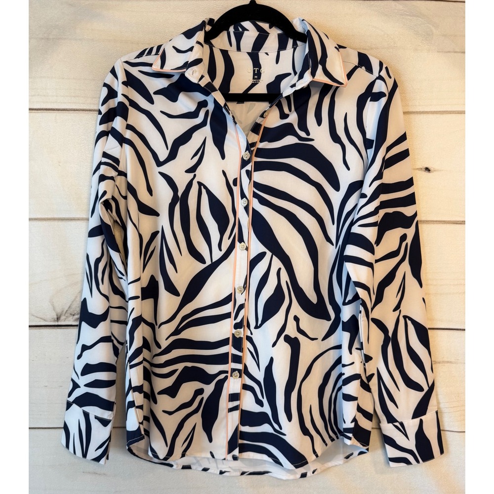 OTG Zebra Print Button Down Blouse Navy White Pink Piping DS5104-M590 Womens M